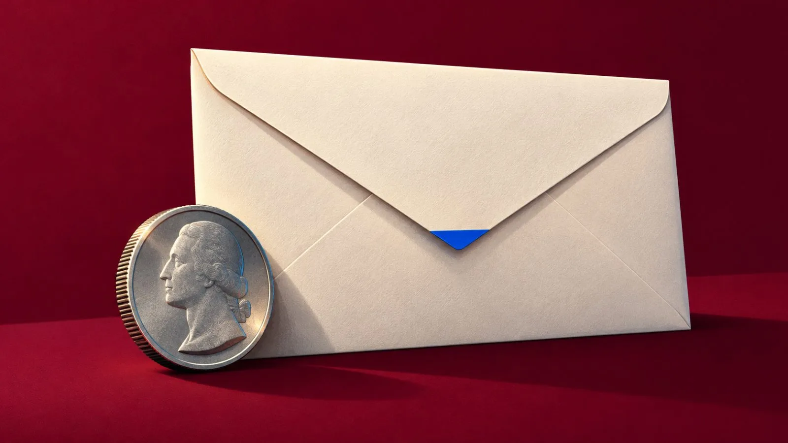 A quarter rests against a sealed, unmarked payment envelope / TokenPost.ai