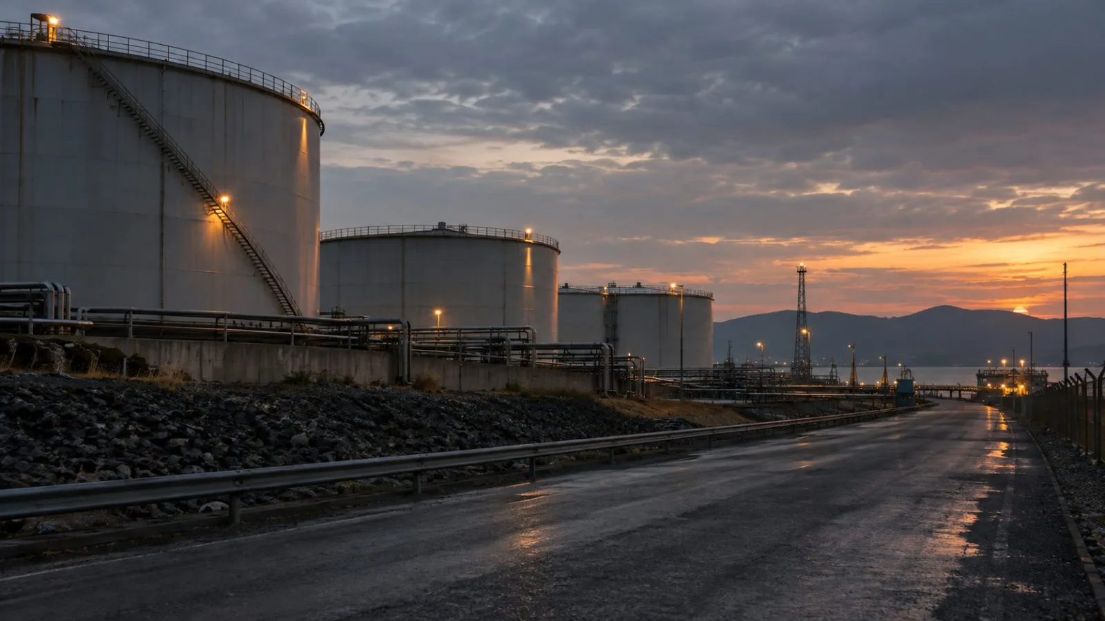 Oil storage tanks stand beside an empty industrial access road / TokenPost.ai