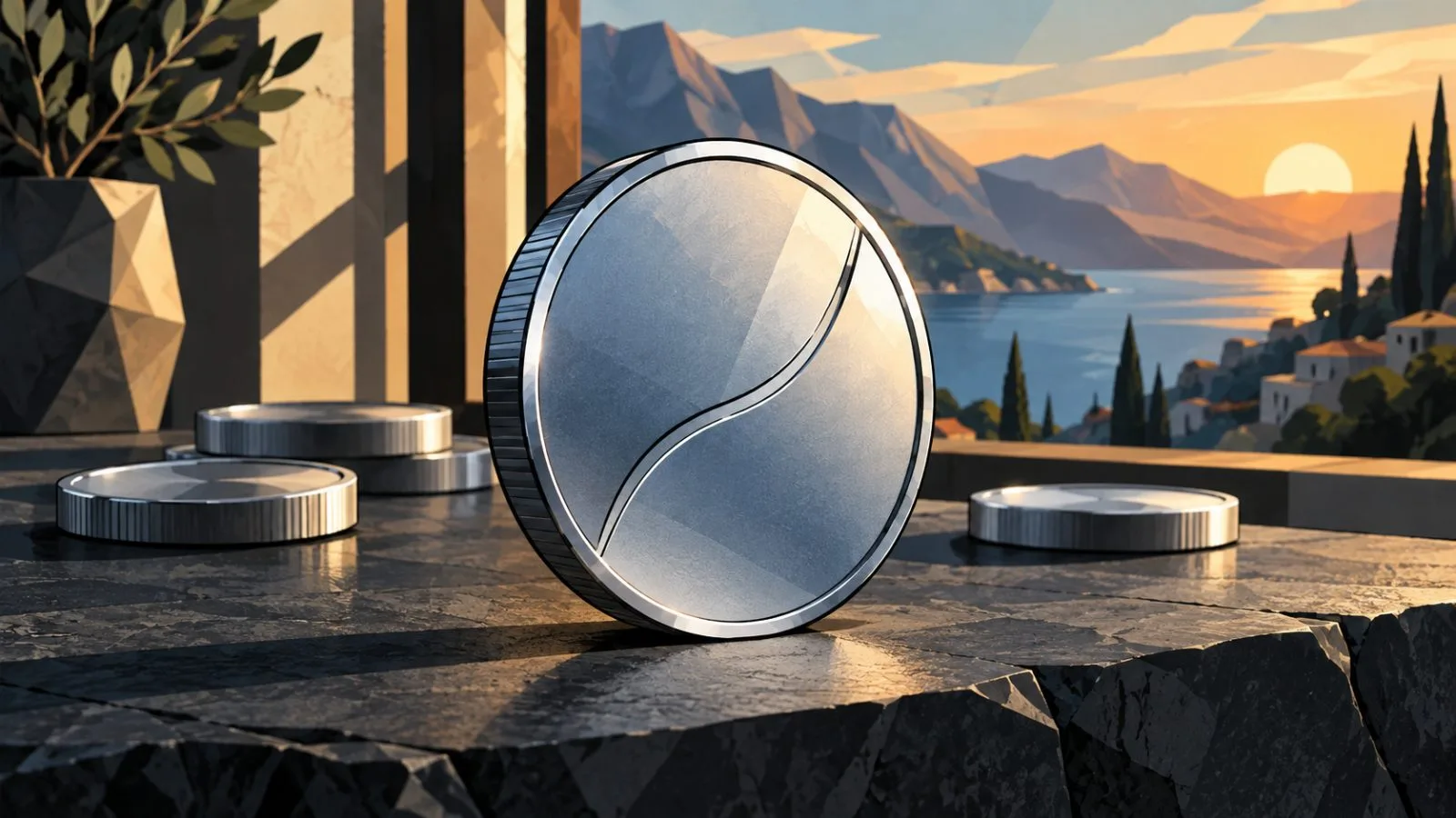 Silver-blue token standing ahead of smaller metal coins / TokenPost.ai