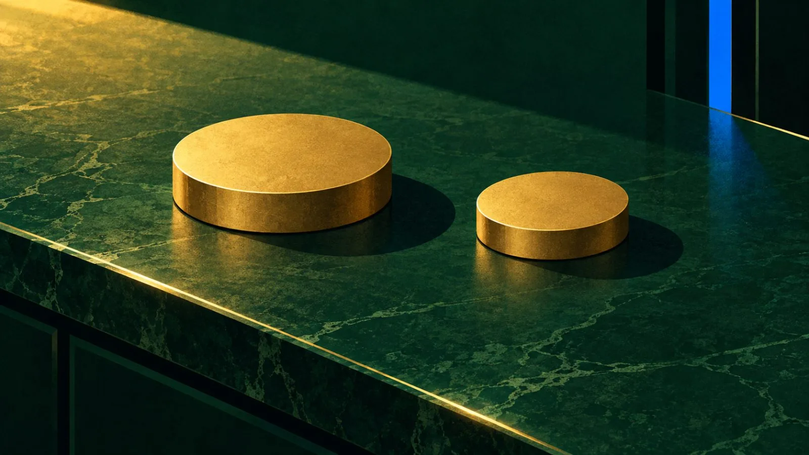 Two unmarked brass discs sit on a dark green bank counter / TokenPost.ai