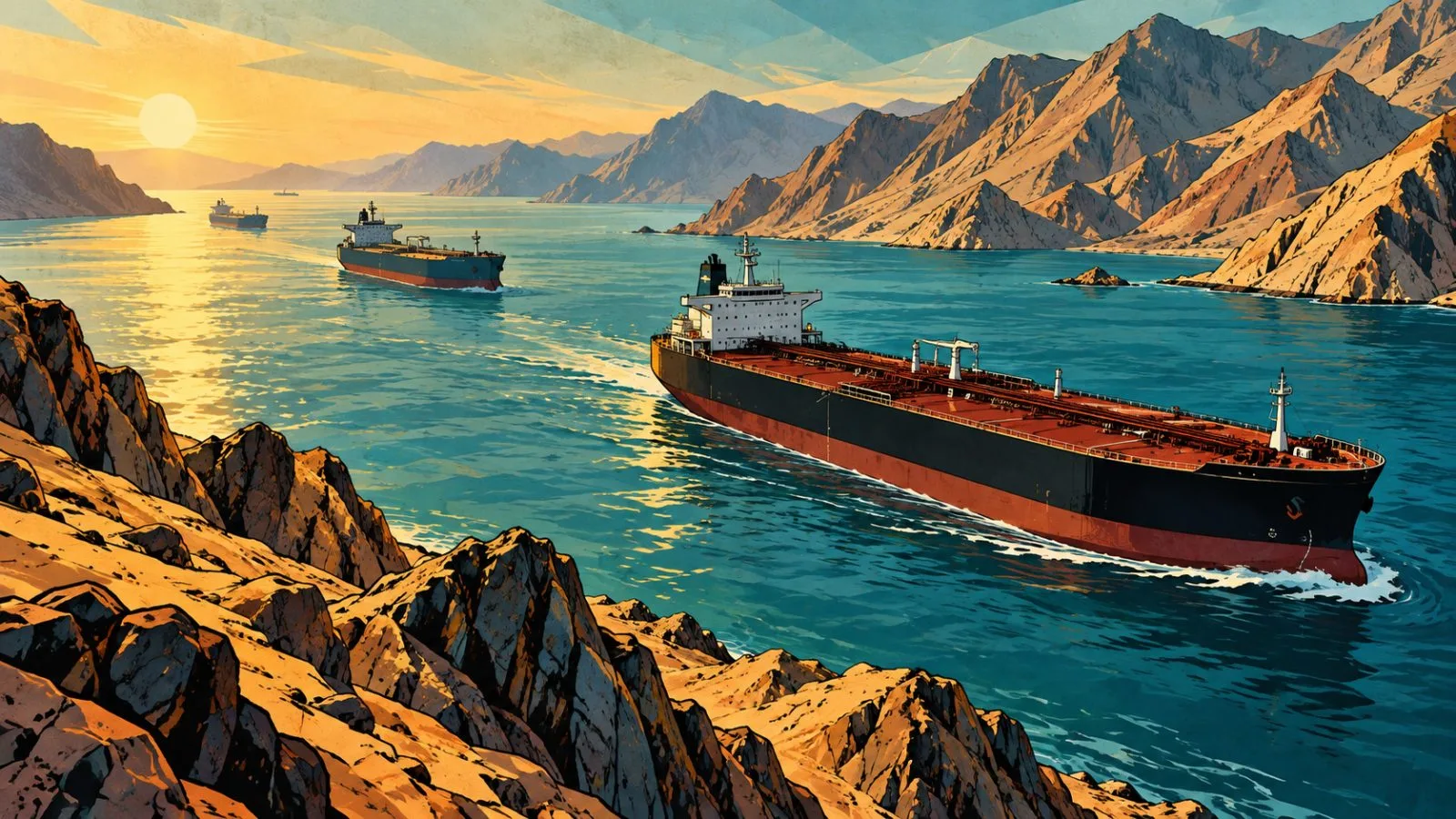 Oil tankers passing a sunlit strait beside rugged coast / TokenPost.ai