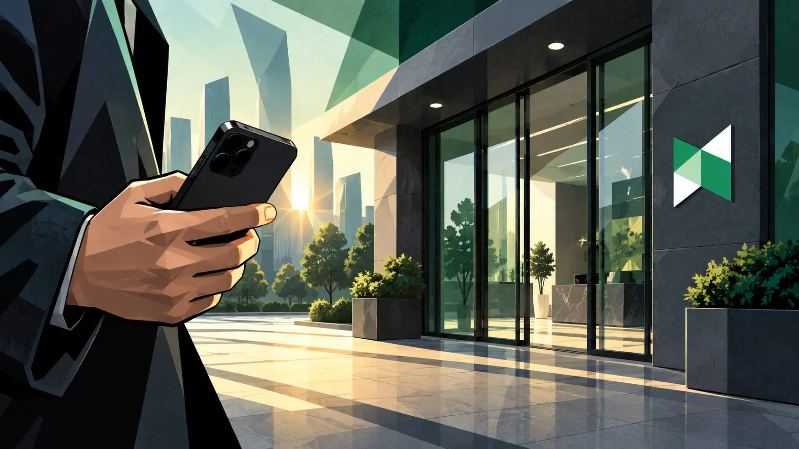 A hand holds a phone beside glass exchange entrance doors / TokenPost.ai