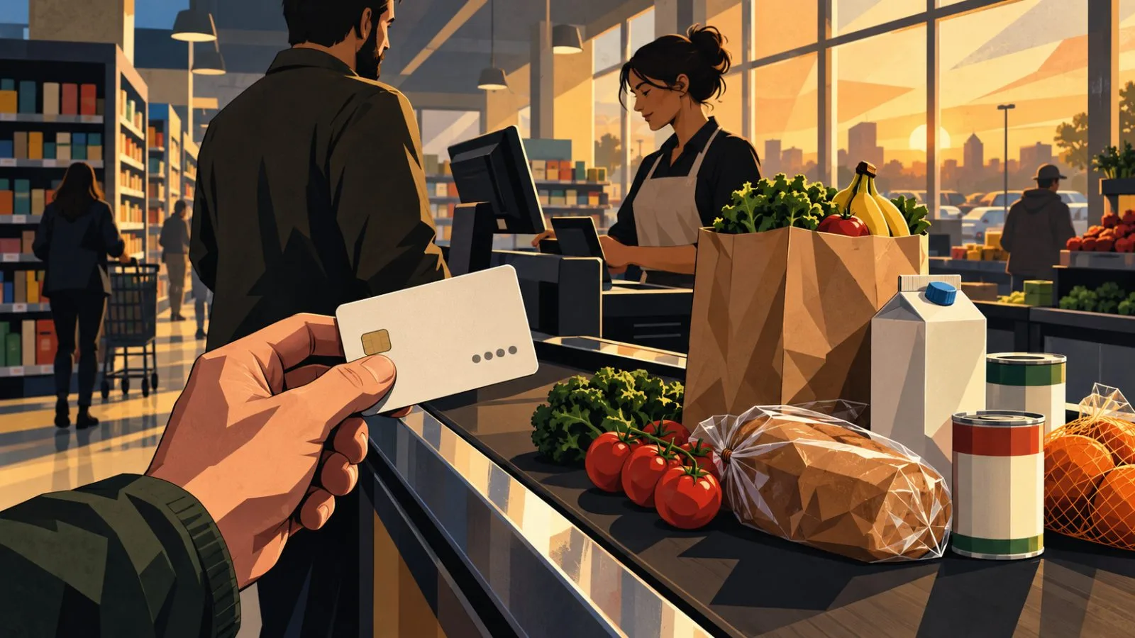 A hand holds a payment card beside groceries at checkout / TokenPost.ai