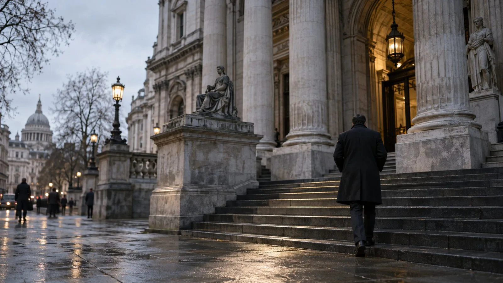 Anonymous figure approaching a courthouse entrance in cool morning light / TokenPost.ai