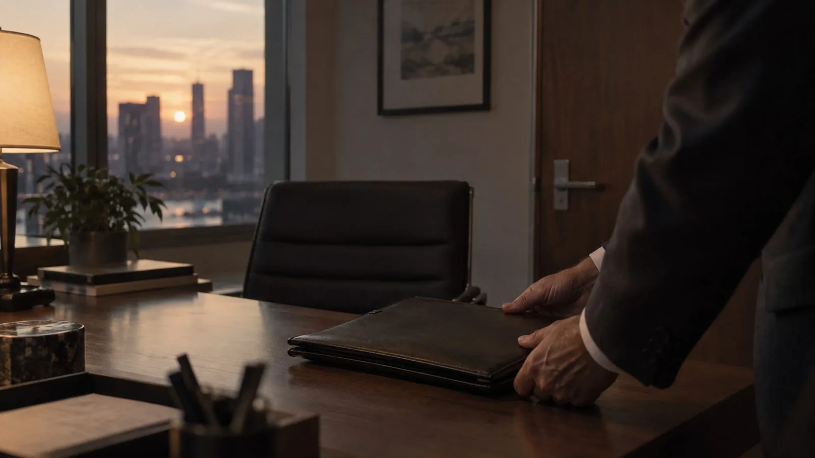 Executive portfolio beside a closed office door in afternoon light / TokenPost.ai