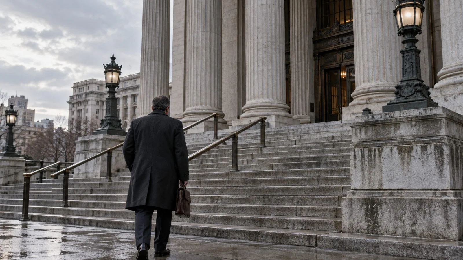 Federal courthouse entrance beneath pale morning light / TokenPost.ai