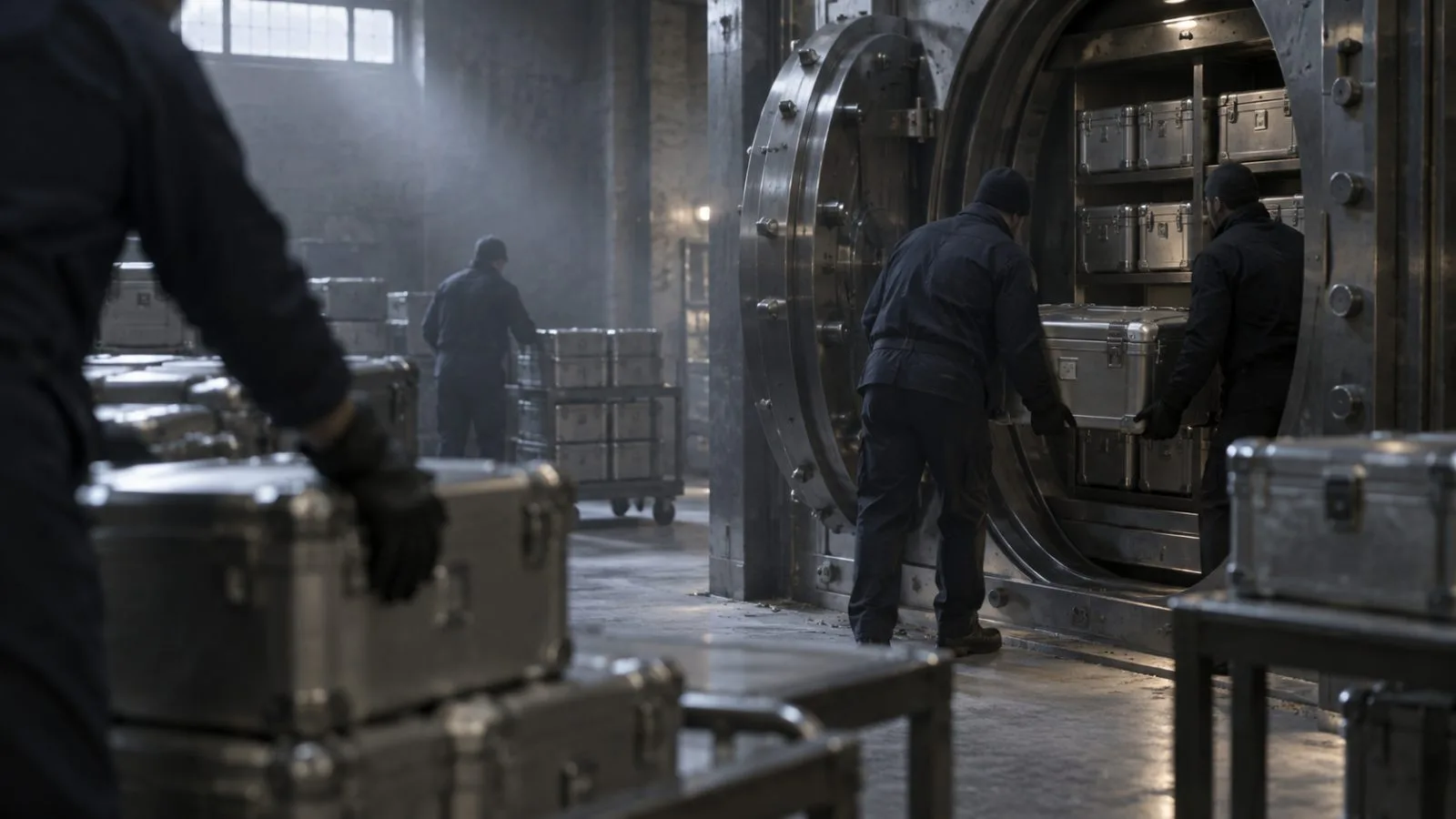 Gloved hands remove sealed cases from an open institutional vault / TokenPost.ai