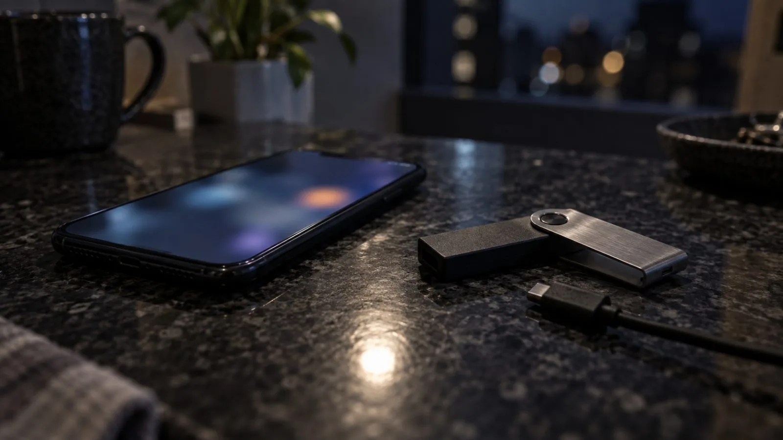 Unbranded smartphone beside a disconnected hardware wallet on a countertop / TokenPost.ai