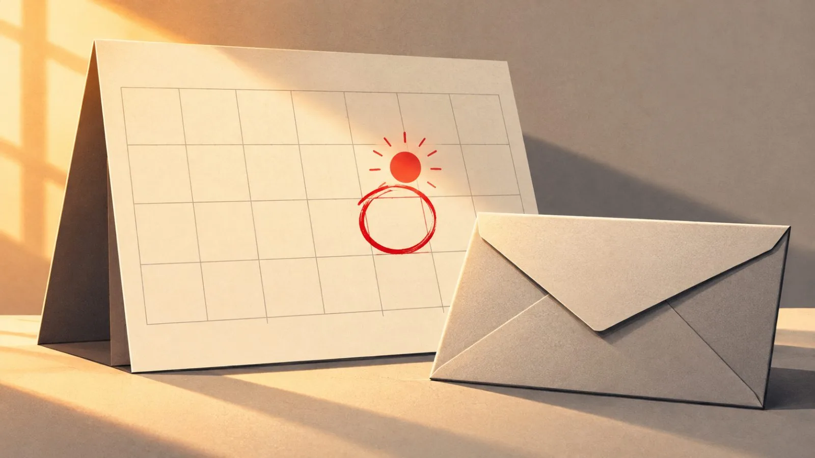 A sealed envelope rests beside one circled calendar square / TokenPost.ai