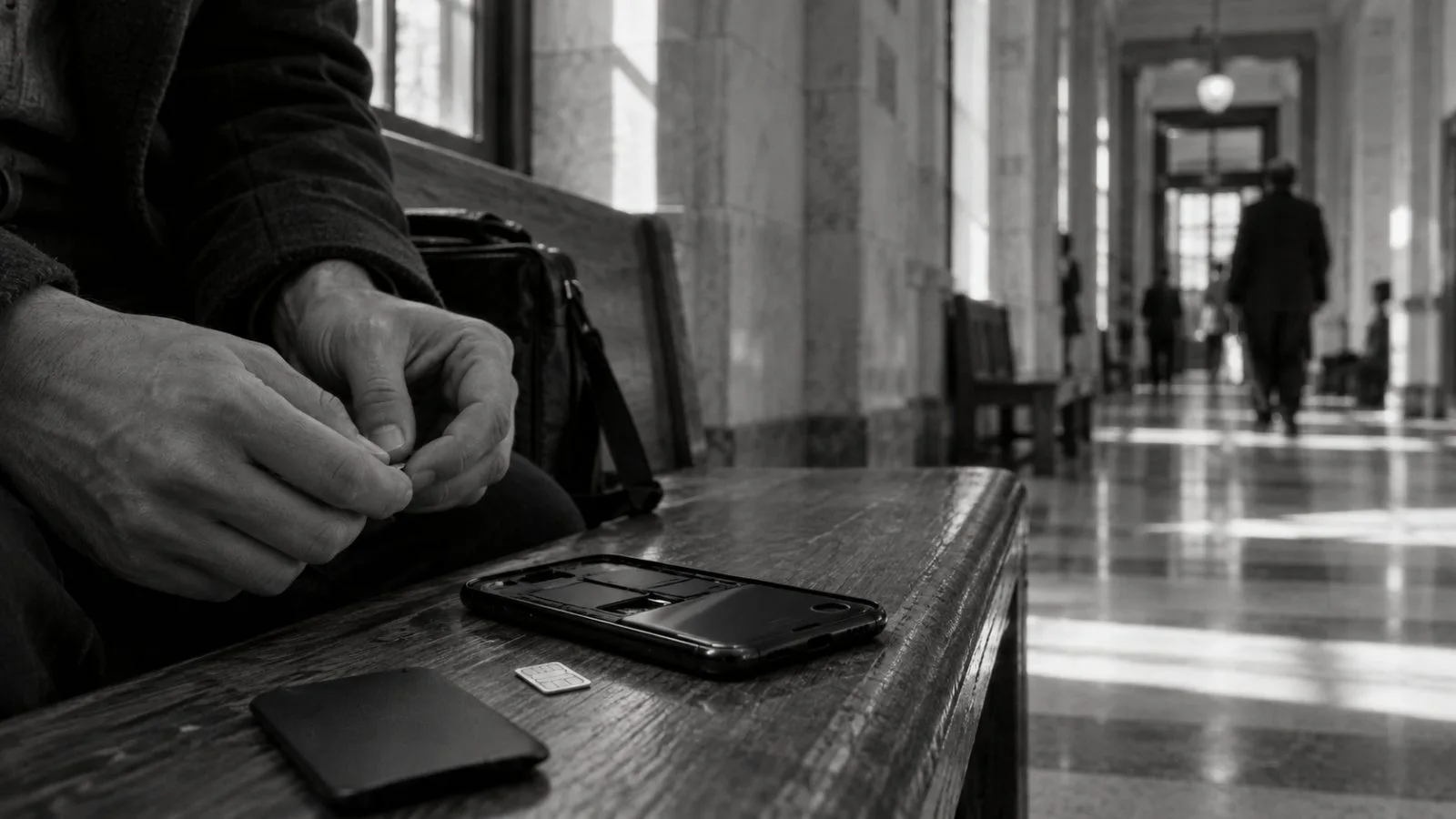 Removed SIM card beside a smartphone on a courthouse bench / TokenPost.ai