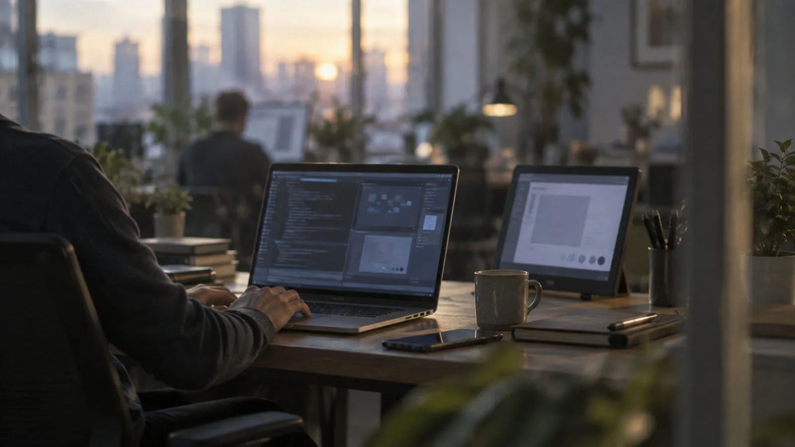 Hands switch between development tools beside a laptop prototype / TokenPost.ai
