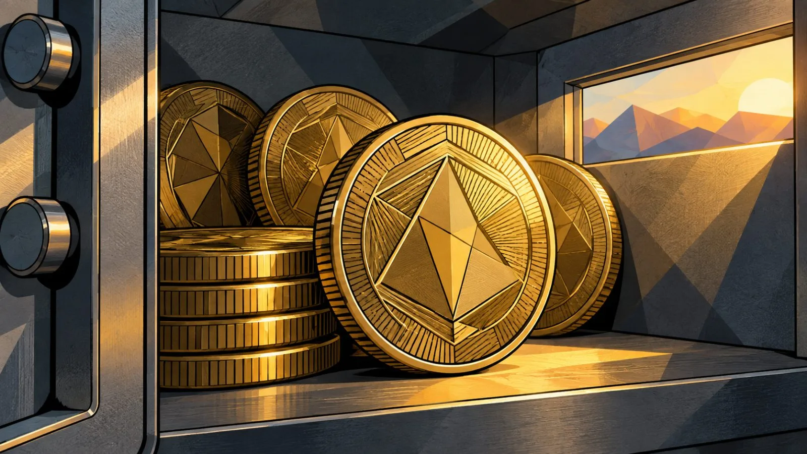 Gold-colored cryptocurrency coins arranged inside a secure vault / TokenPost.ai