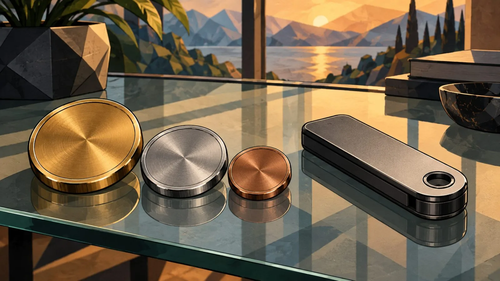 Three metallic token medallions arranged beside a blank wallet / TokenPost.ai
