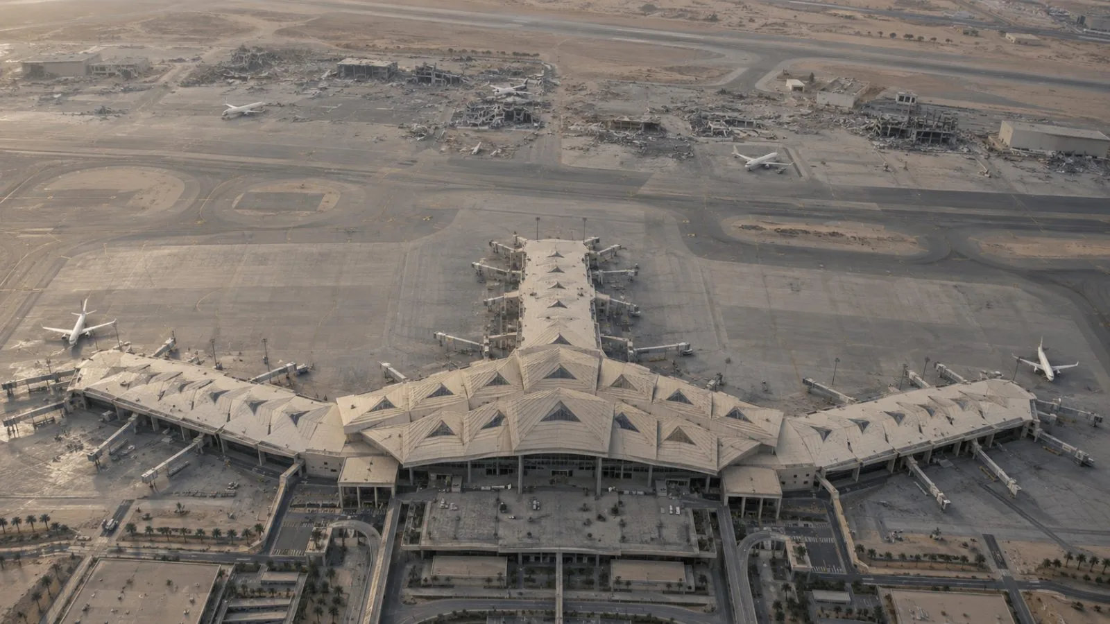Empty airport terminal and grounded aircraft under hazy morning light / TokenPost.ai