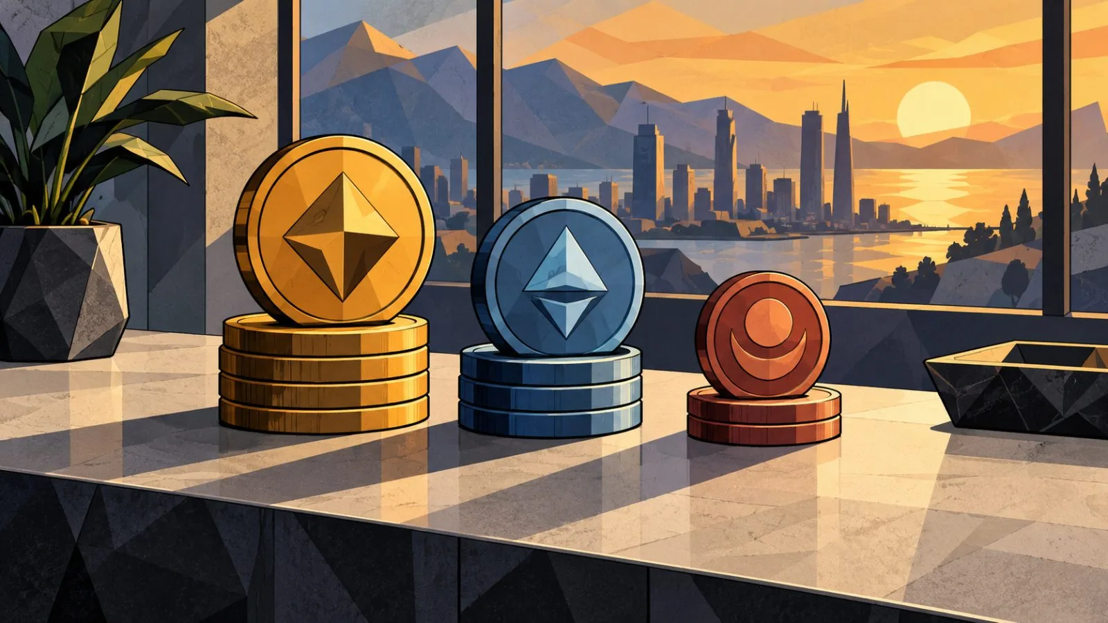 Unbranded token medallions arranged beside a smaller stack / TokenPost.ai