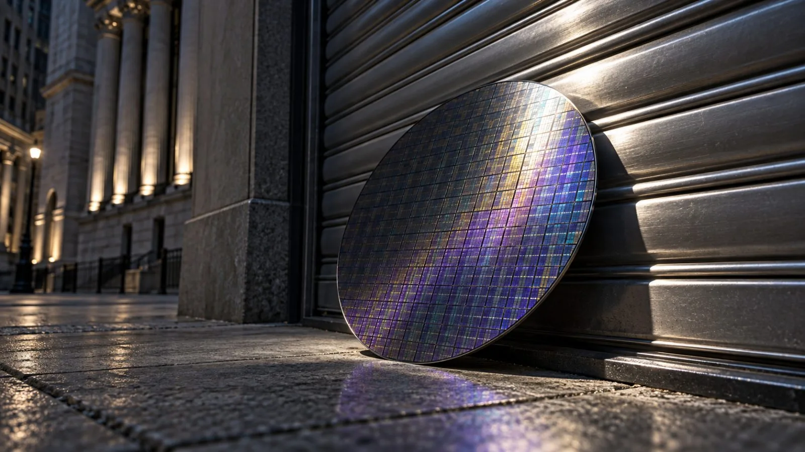 A silicon wafer rests against a closed metal shutter at dusk / TokenPost.ai