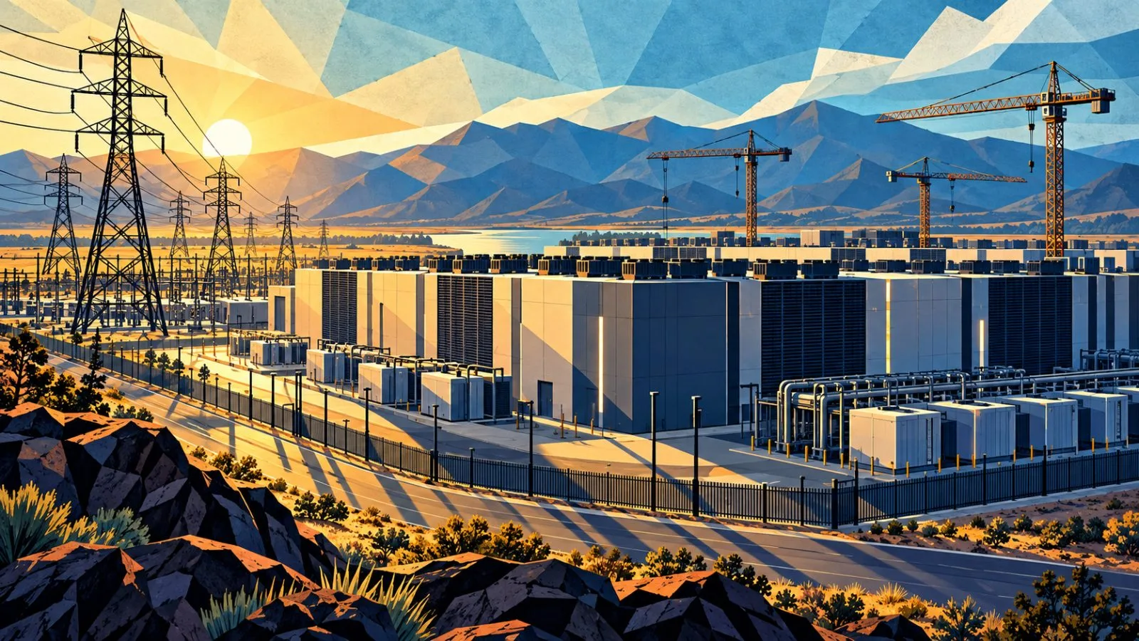Data center buildings stand beside transmission towers at sunrise / TokenPost.ai