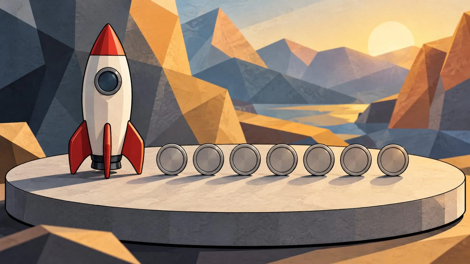 Unmarked rocket model beside seven evenly spaced silver tokens / TokenPost.ai