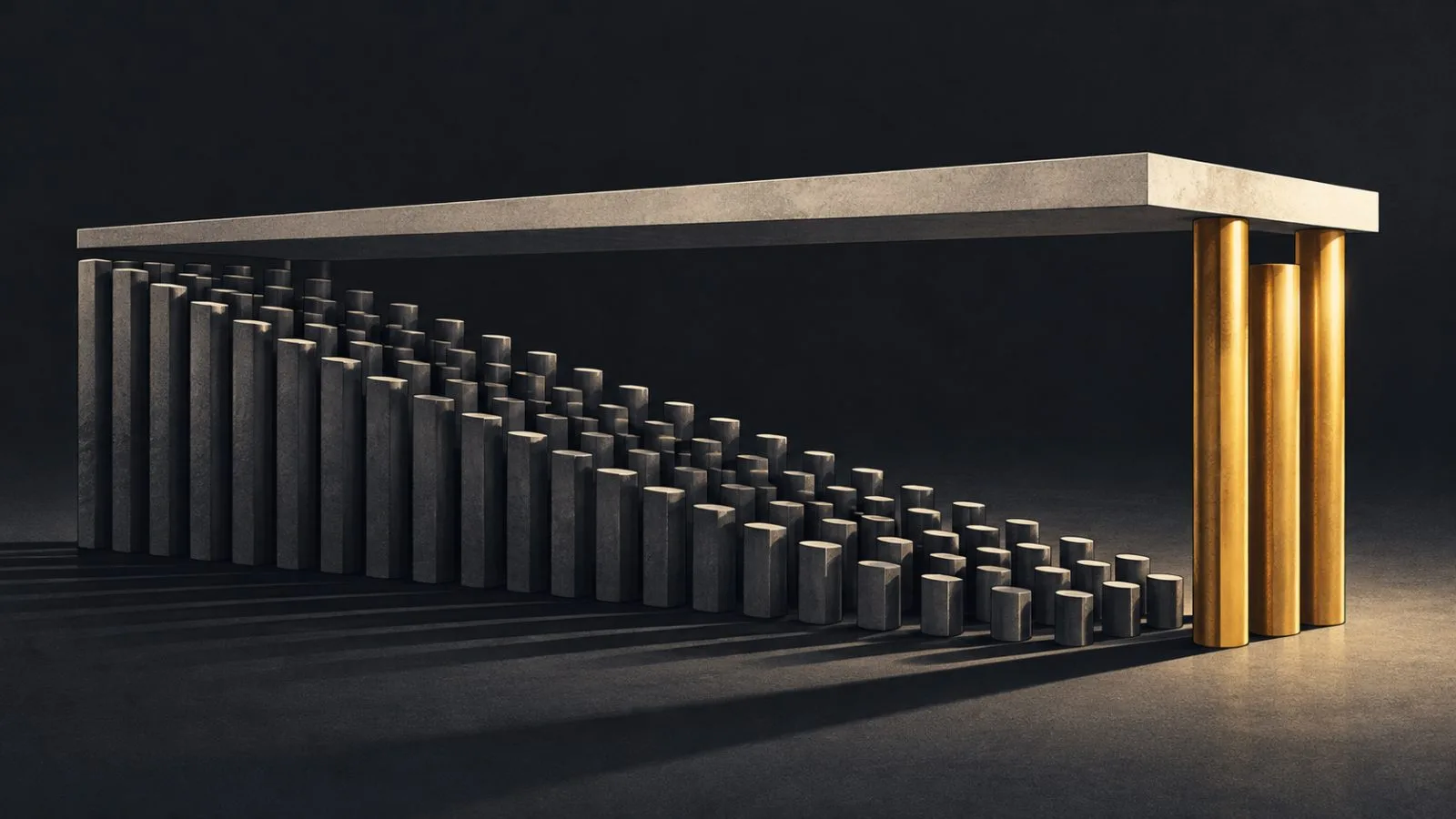 Short steel columns fall away as taller brass pillars hold a platform / TokenPost.ai