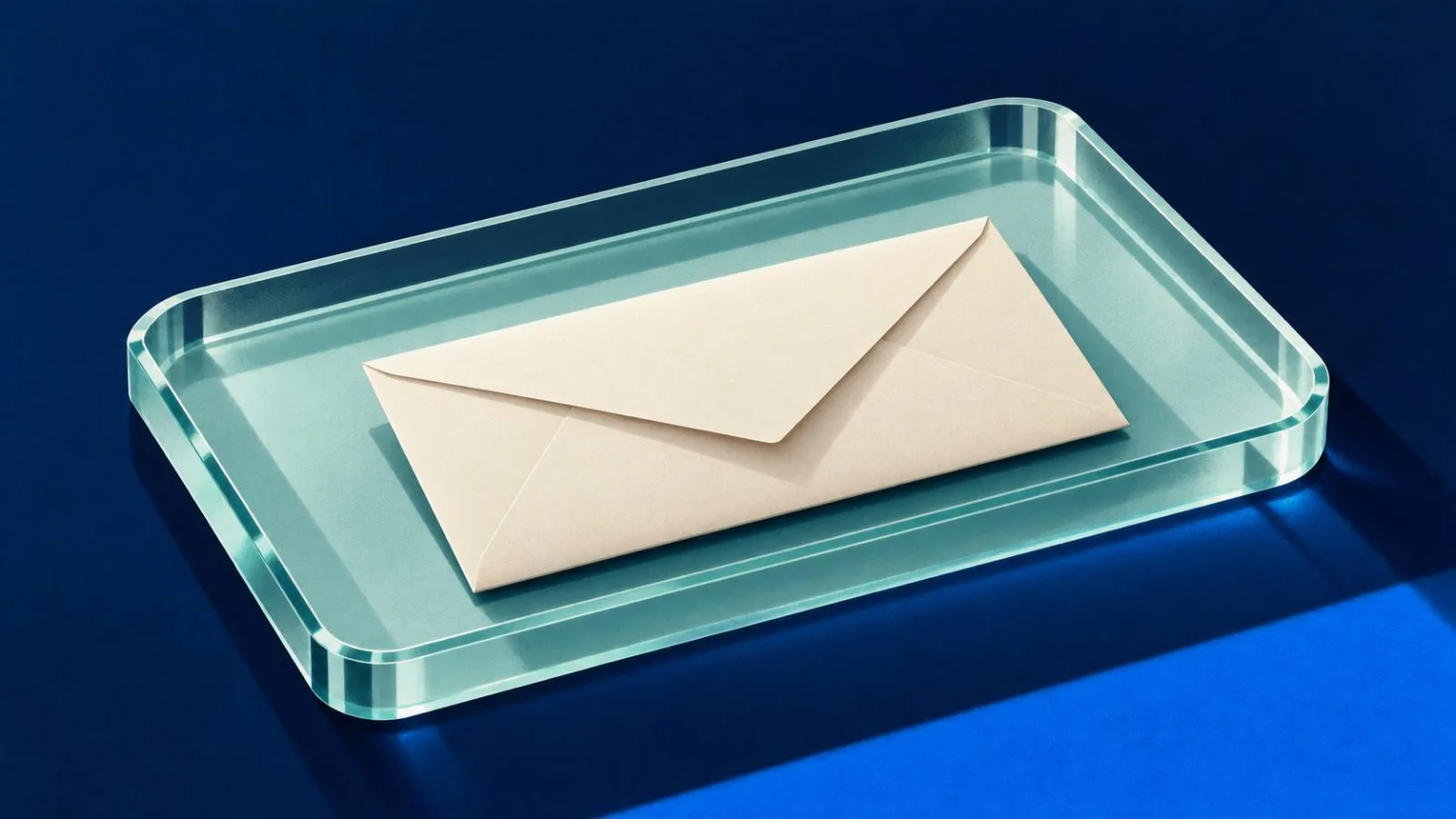 A plain envelope rests on a translucent medical-glass tray / TokenPost.ai