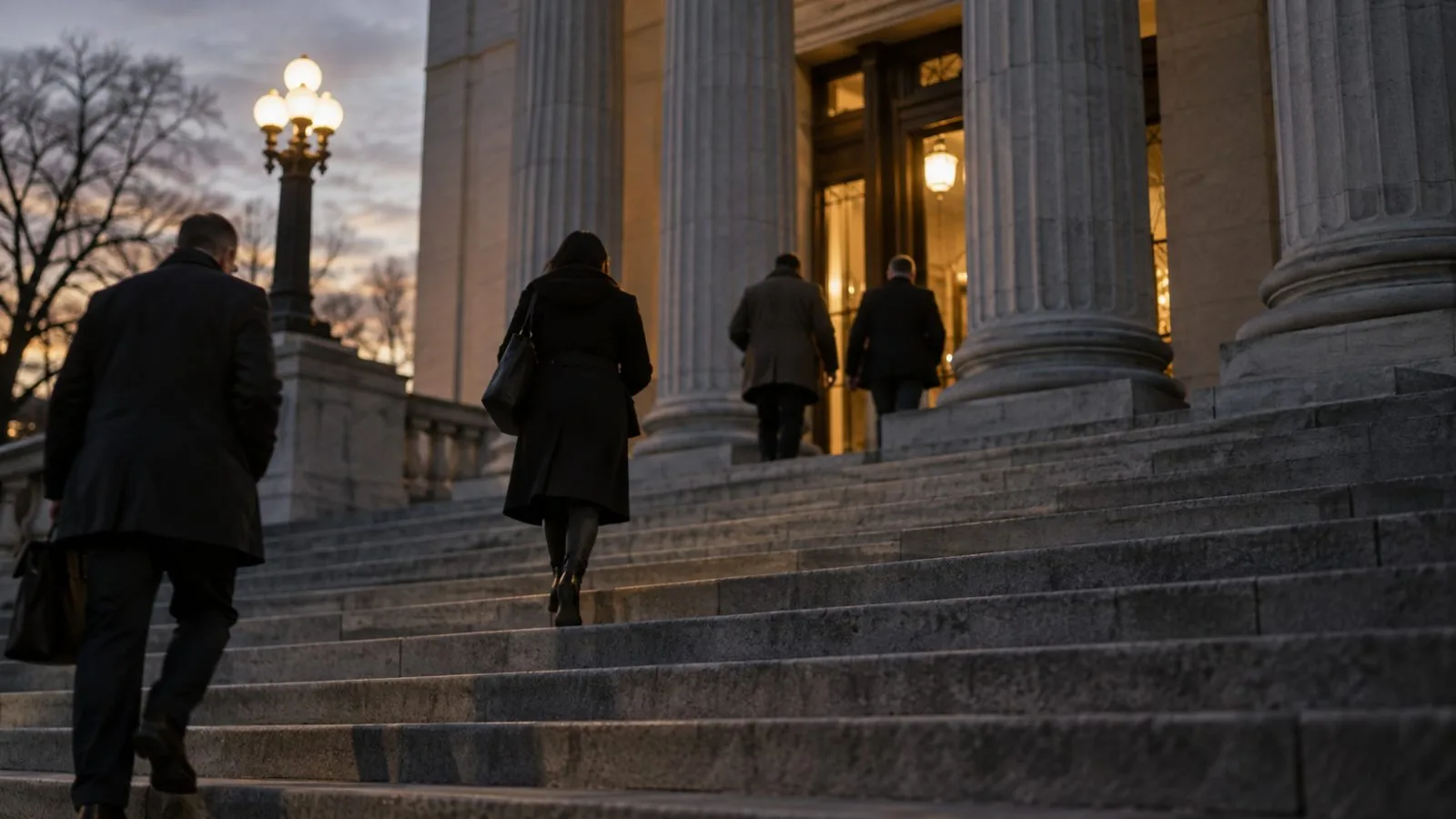 Anonymous figures approach a courthouse entrance in late afternoon light / TokenPost.ai