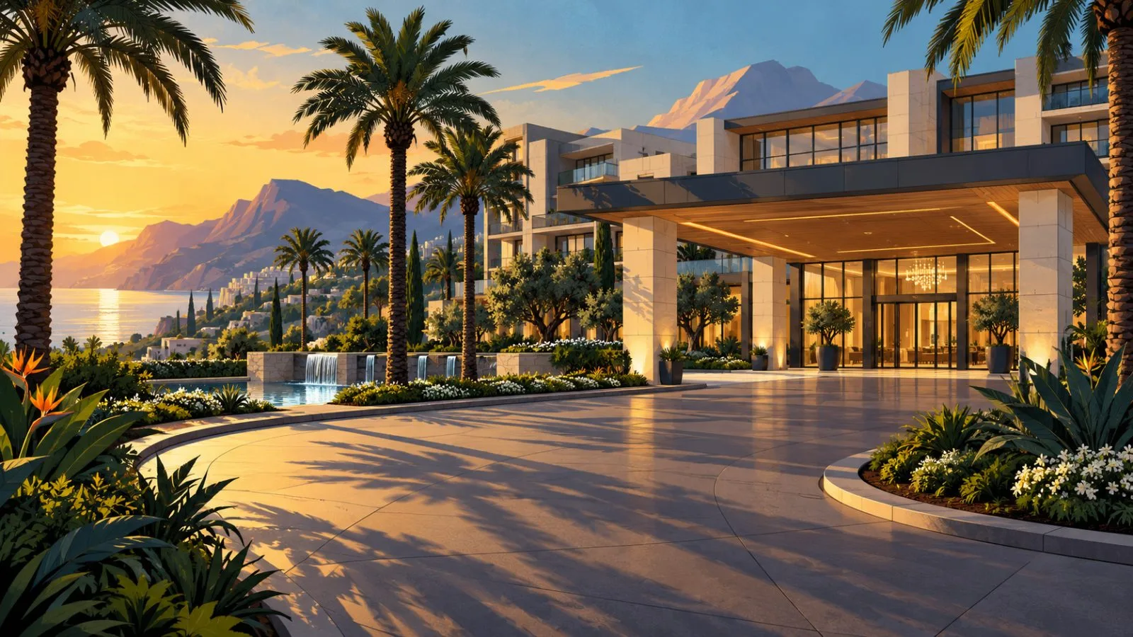 Modern resort entrance glowing in late afternoon sunlight / TokenPost.ai