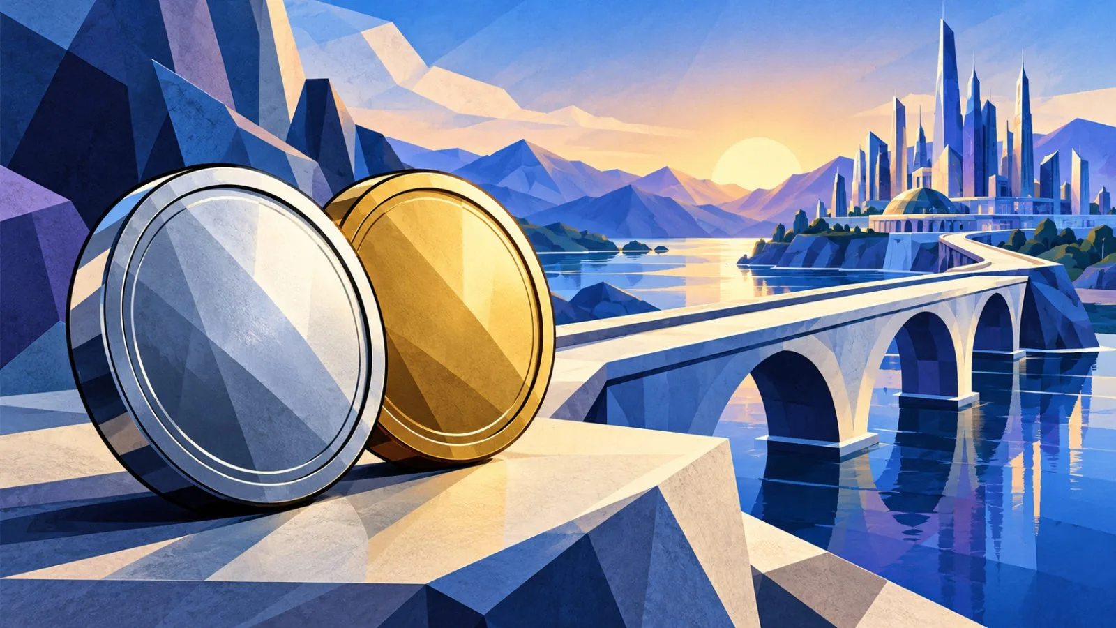 Two metallic medallions beside a miniature bridge model / TokenPost.ai