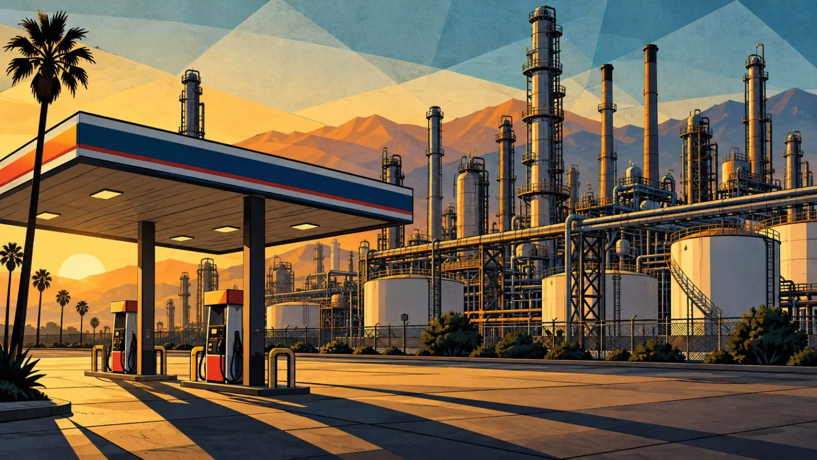 Refinery towers rise behind a roadside gasoline station canopy / TokenPost.ai