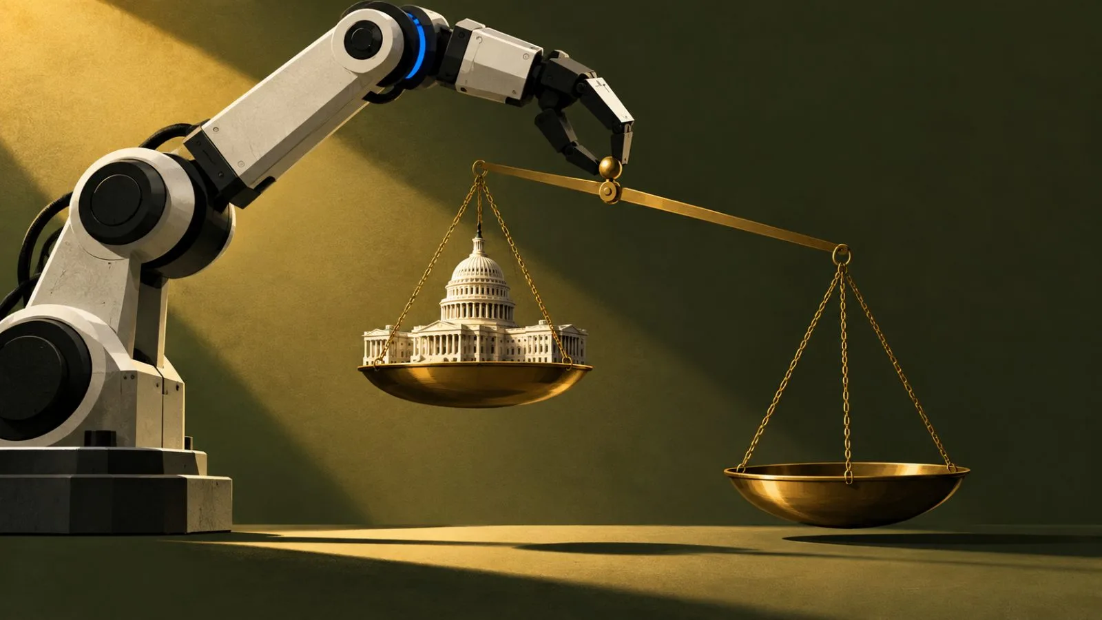 A robot arm lifts a brass scale beside a Capitol model / TokenPost.ai