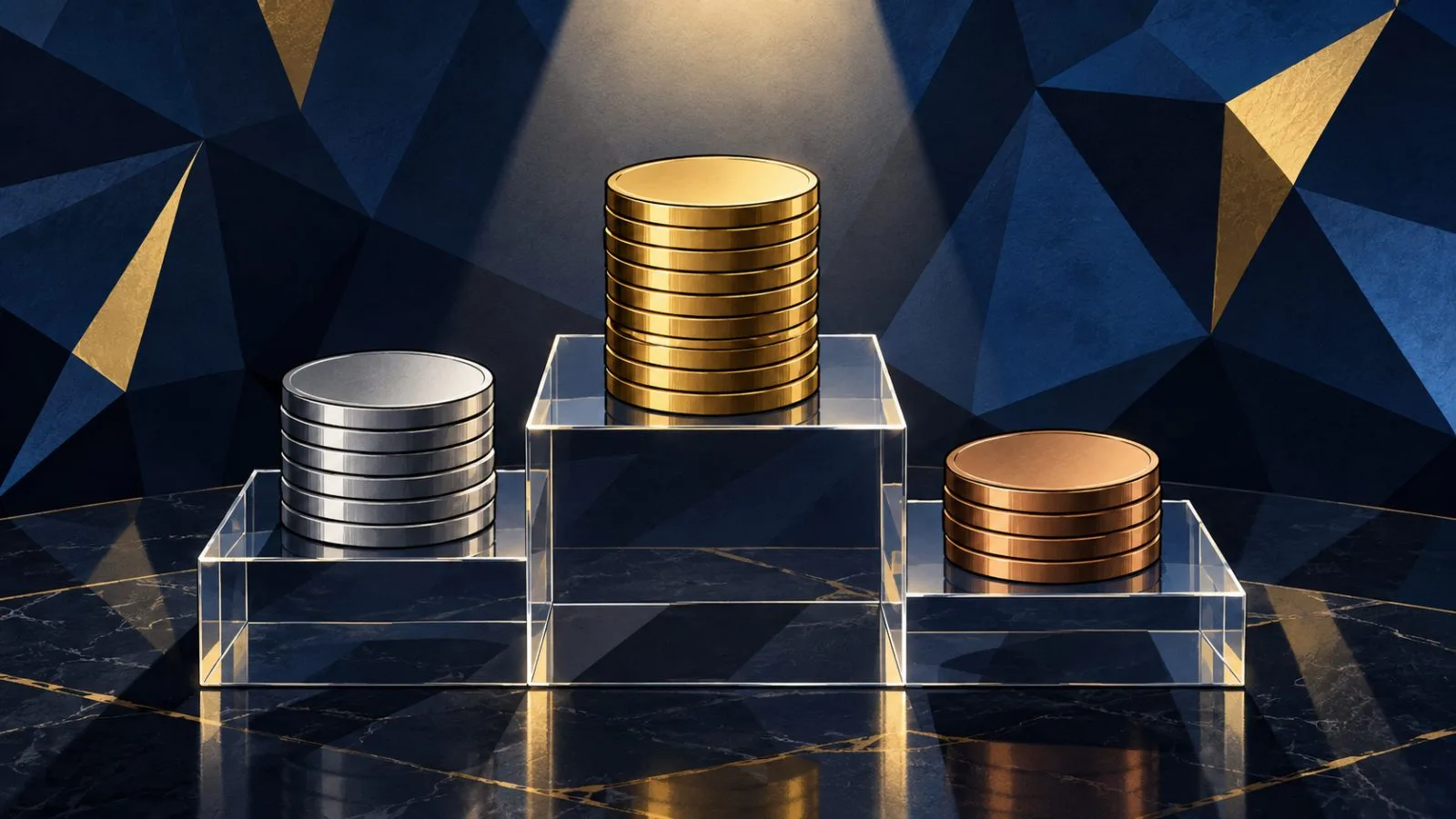 Unbranded tokens arranged on a tiered acrylic market display / TokenPost.ai