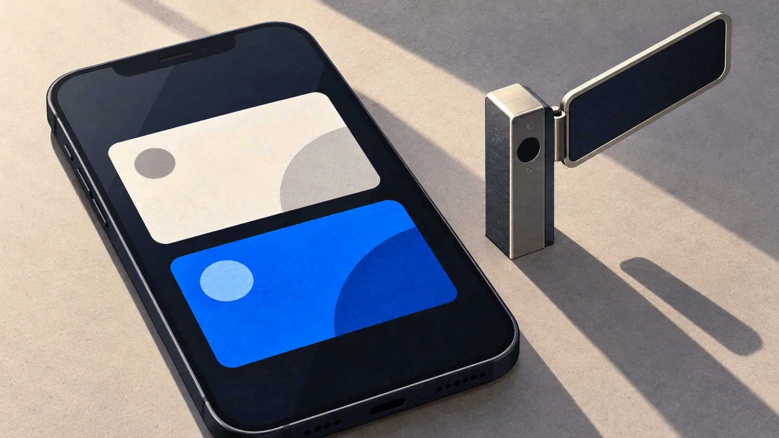 A phone displays two plain payment tiles beside a lifted metal barrier / TokenPost.ai