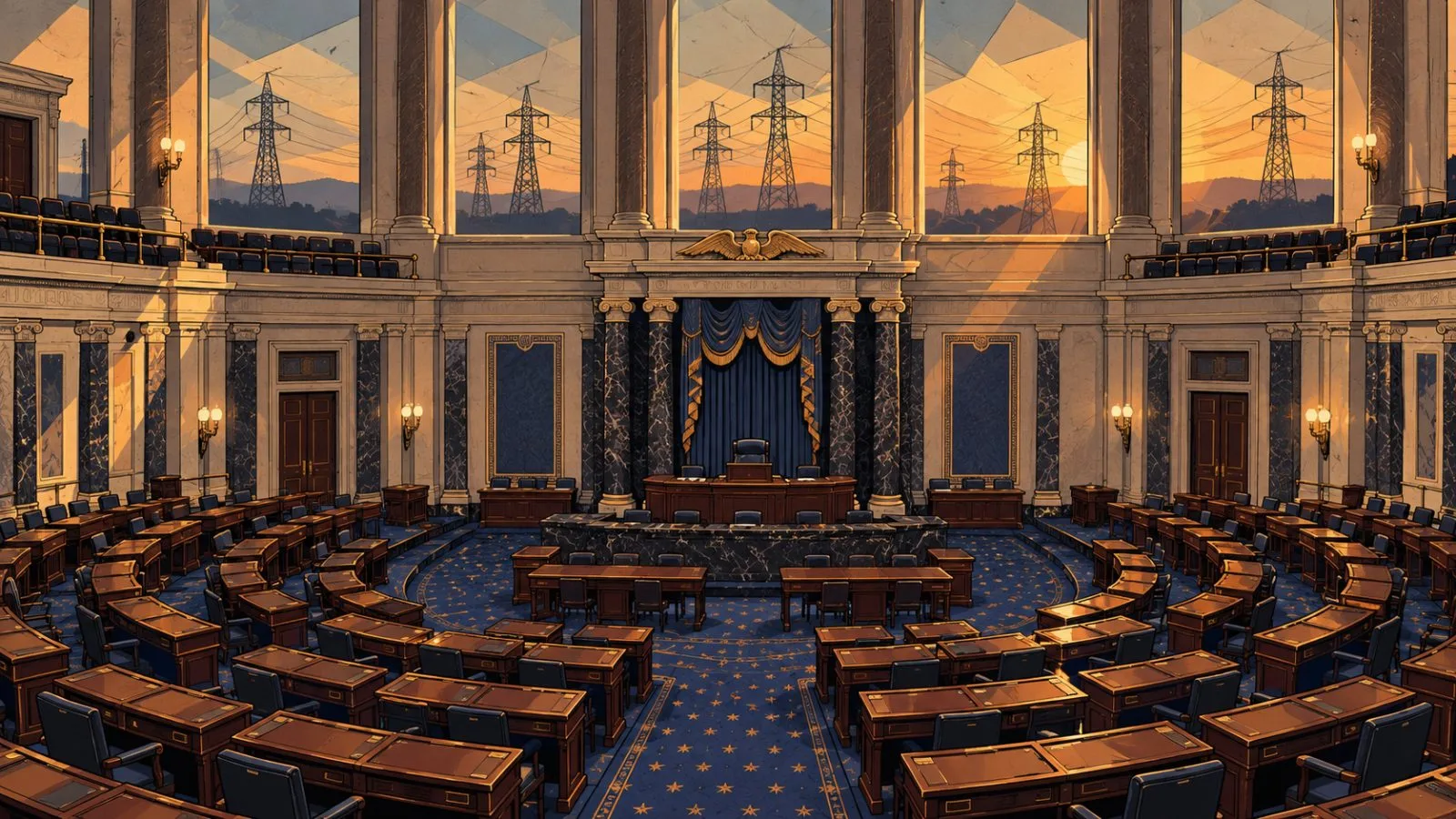 Empty Senate chamber overlooking distant electricity transmission towers / TokenPost.ai
