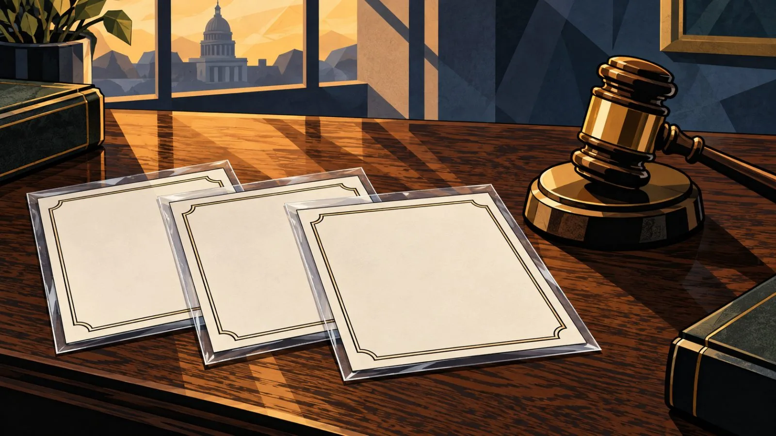 Three sealed warrant folders arranged beside a brass gavel / TokenPost.ai