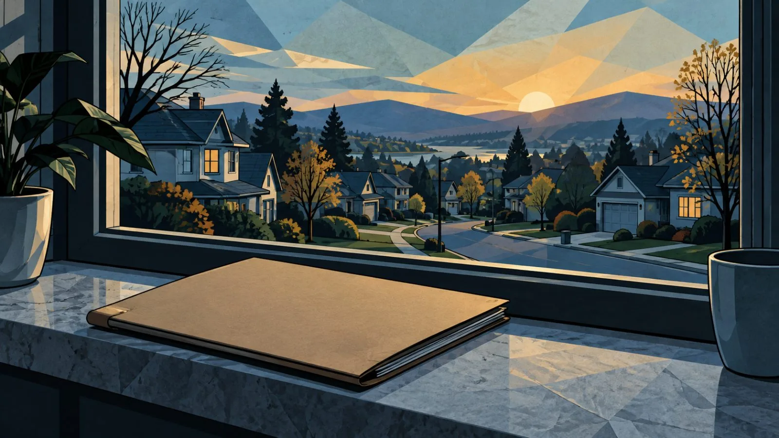 Quiet suburban homes viewed beside an unmarked mortgage folder / TokenPost.ai