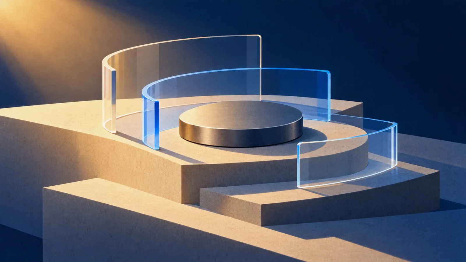 Three clear guardrails frame a metal disk on stepped platforms / TokenPost.ai