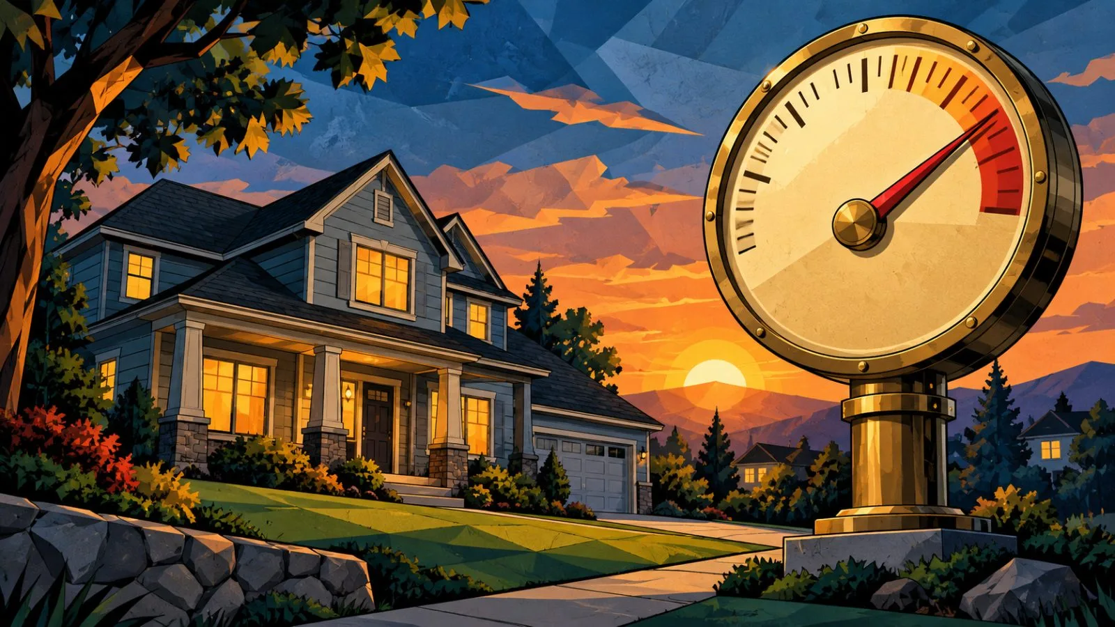 Suburban house beneath a raised brass interest-rate gauge / TokenPost.ai