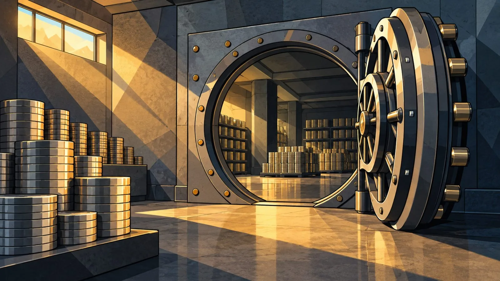Unmarked metallic tokens stacked beside a steel treasury vault / TokenPost.ai
