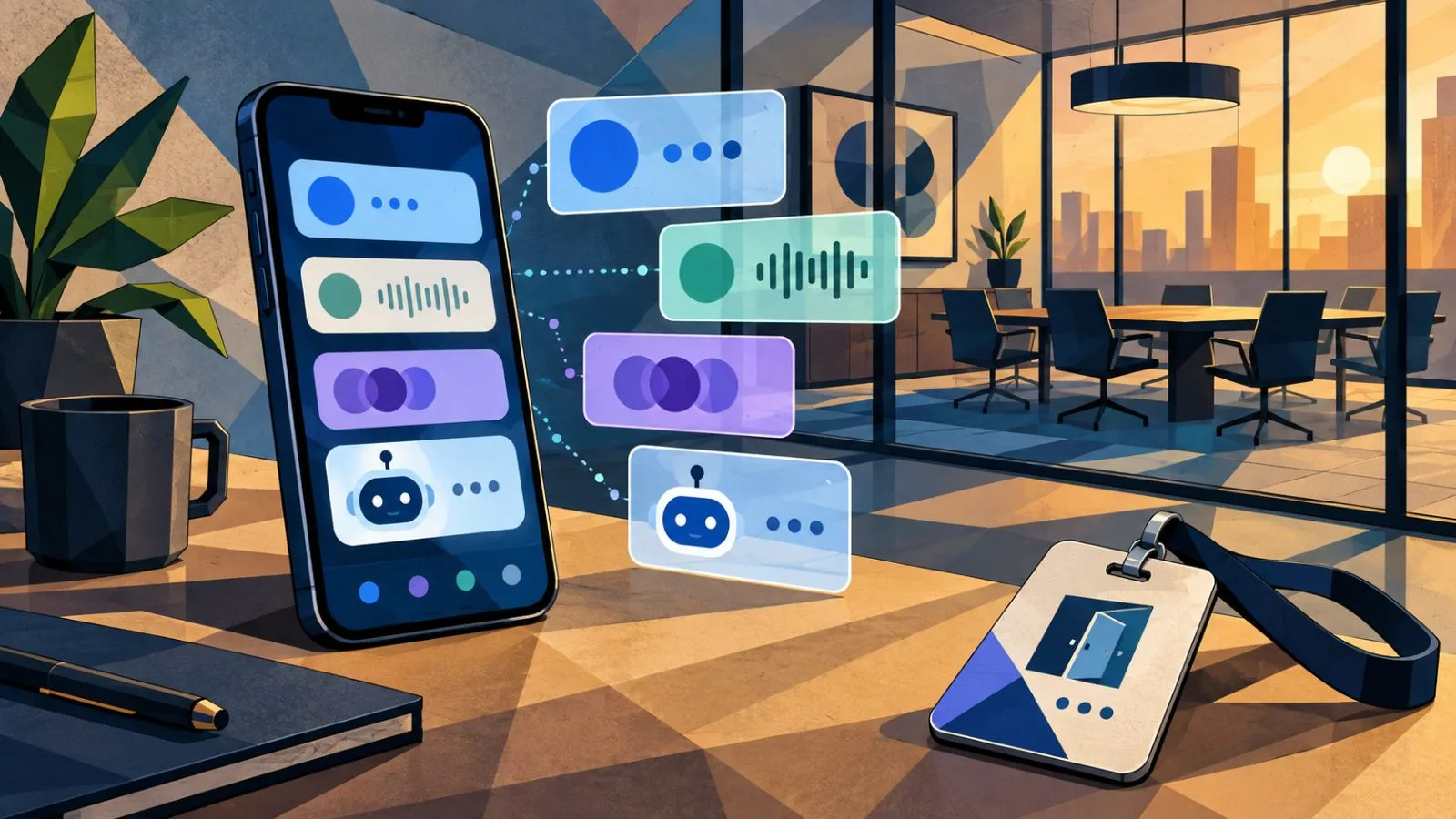 Smartphone and conversation panels arranged beside a meeting-room badge / TokenPost.ai
