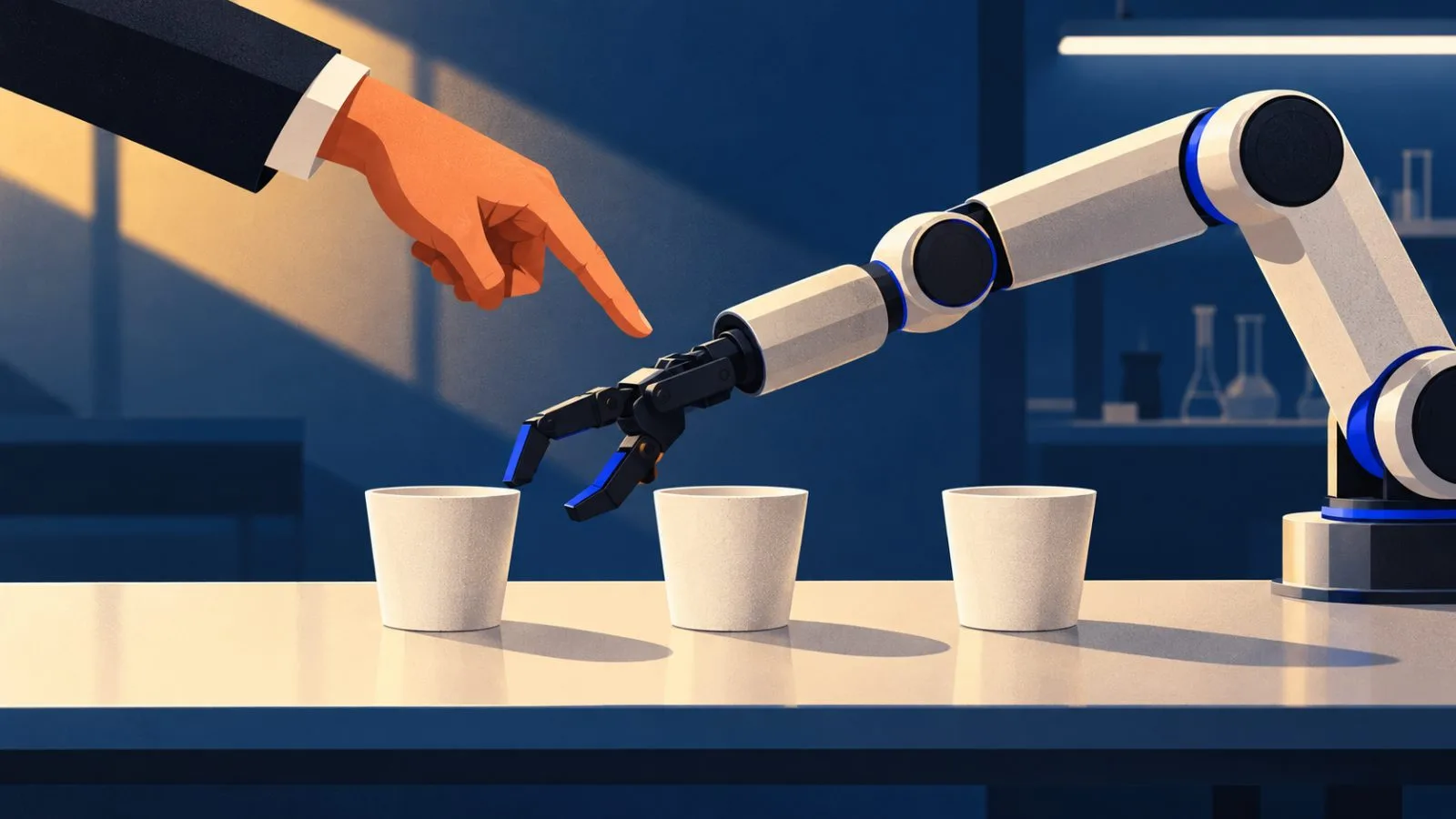 A robot arm reaches for one cup as a hand points to another / TokenPost.ai