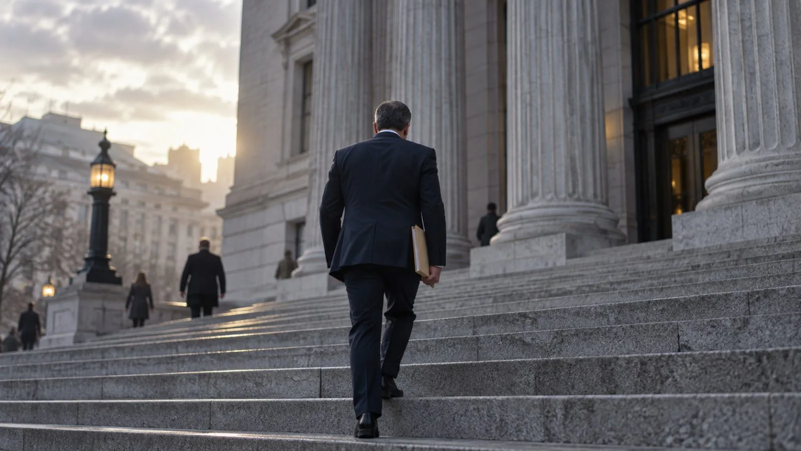 Courthouse steps under muted morning light / TokenPost.ai