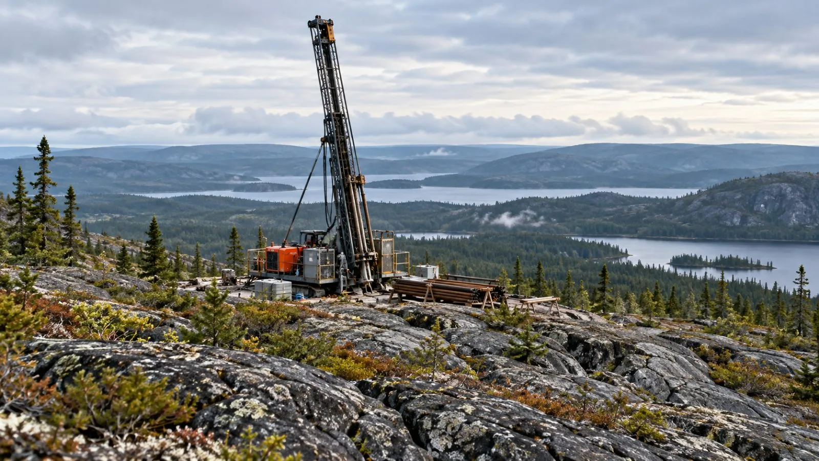 A drill rig rises above exposed bedrock at a remote exploration site / TokenPost.ai