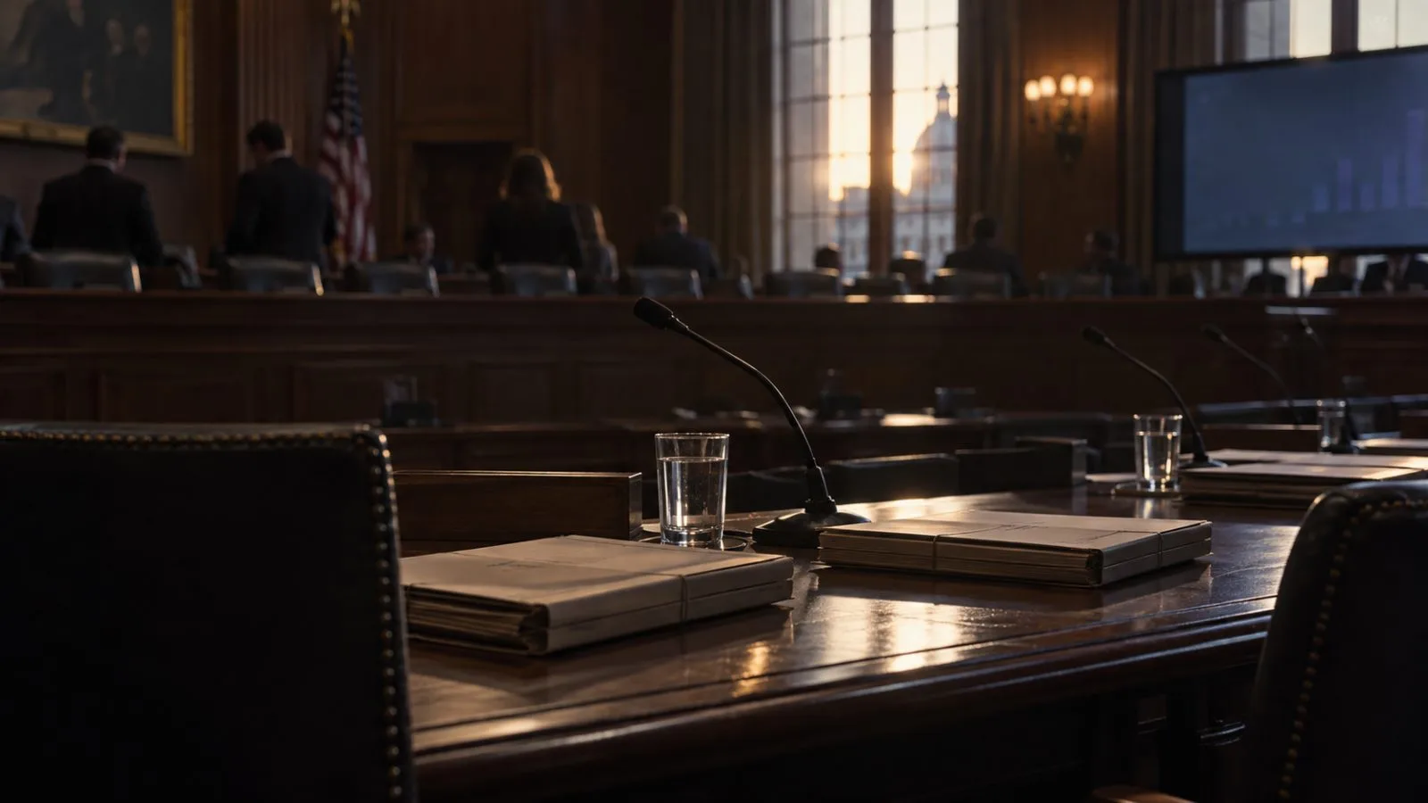 Document folders and microphones arranged inside a congressional hearing room / TokenPost.ai