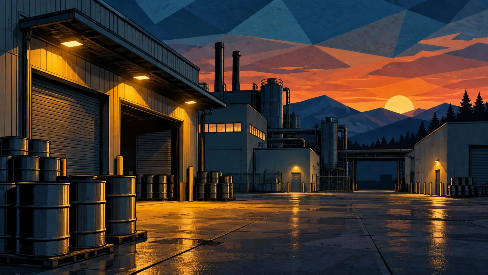 Sealed metal drums outside an industrial facility at dusk / TokenPost.ai