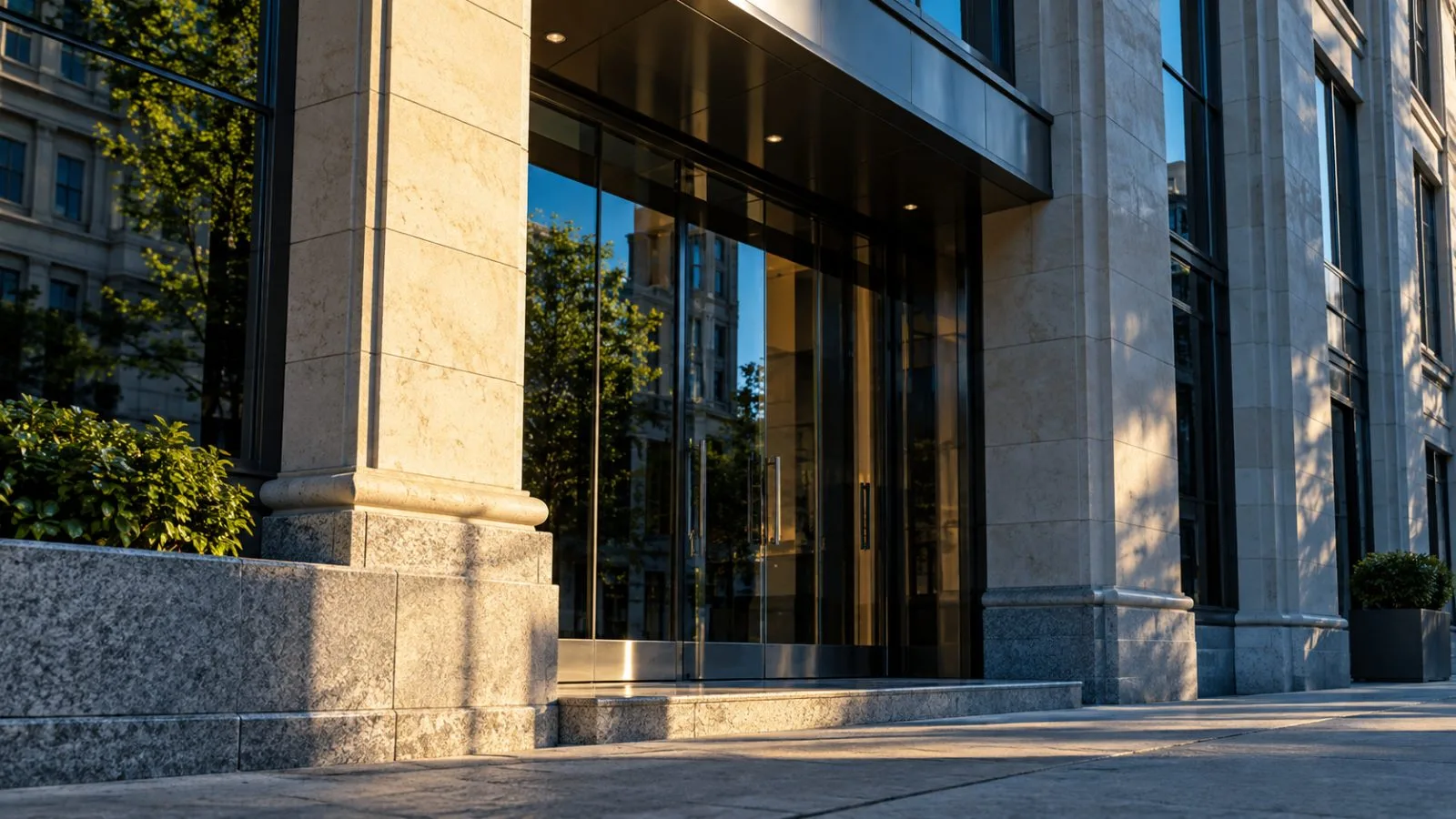 Morning sunlight divides the stone entrance of a neighborhood bank / TokenPost.ai