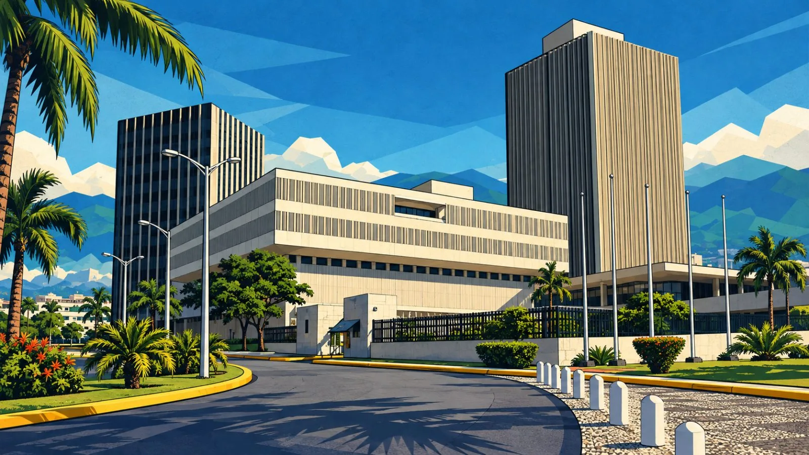 Central bank building beside palm trees in morning sunlight / TokenPost.ai
