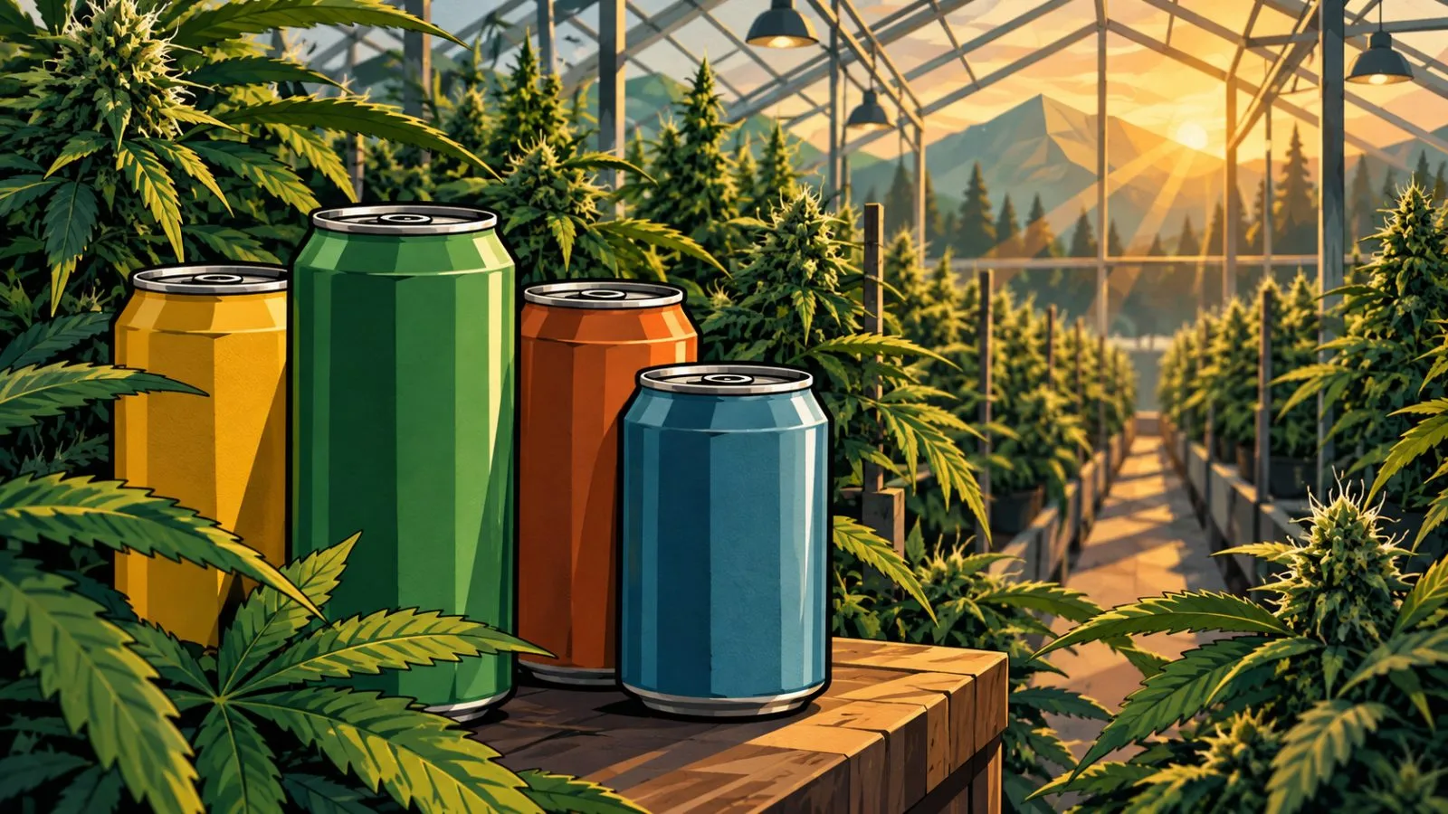Unbranded beverage cans sit beside cannabis plants in greenhouse light / TokenPost.ai