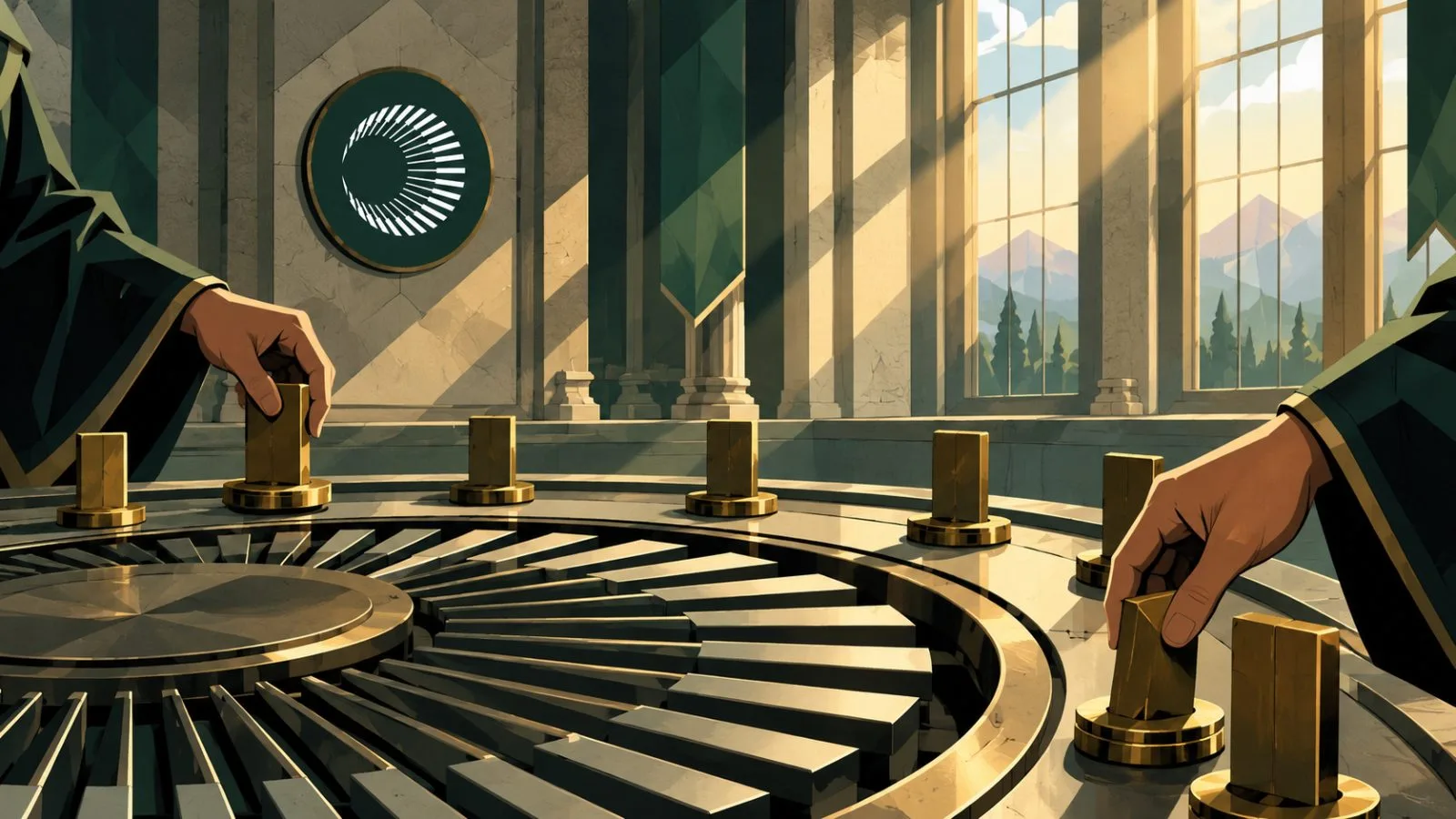 Brass markers arranged around a rotating metal wheel in a quiet hall / TokenPost.ai