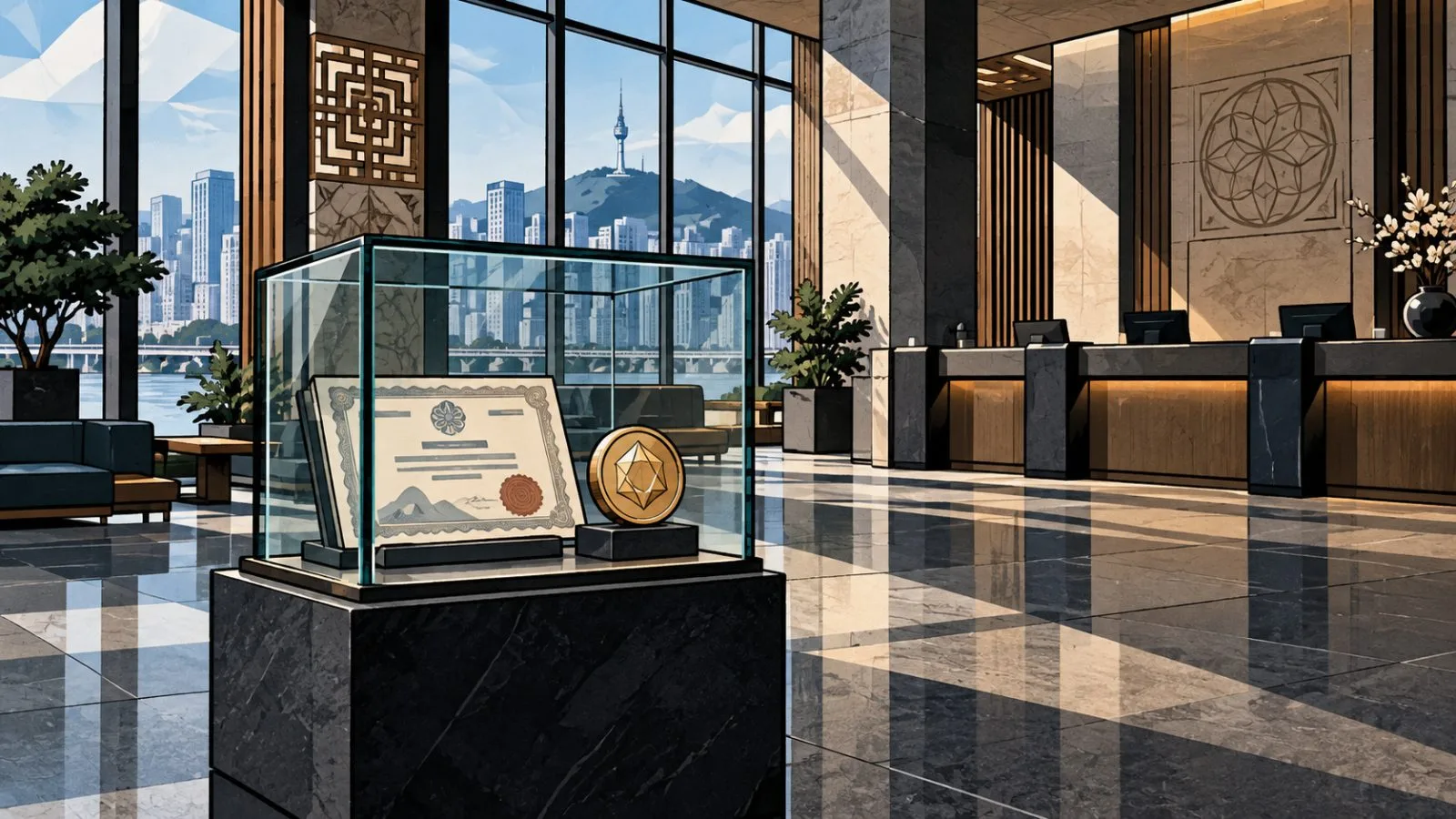 A stock certificate and brass coin sit inside a quiet bank lobby / TokenPost.ai
