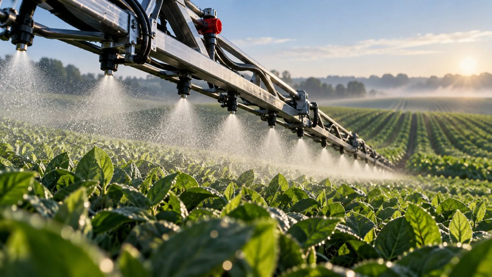 A crop sprayer passes over dense green rows in pale morning light / TokenPost.ai
