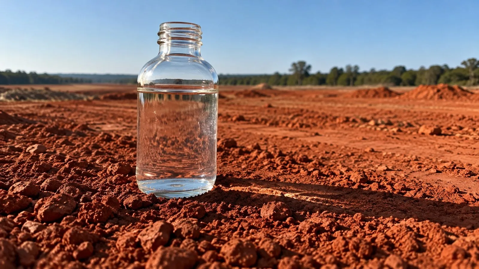 A clear brine sample bottle stands on red earth. / TokenPost.ai